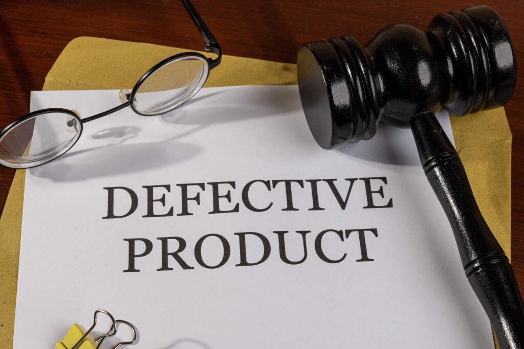 Defective product legal document with judge&rsquo;s gavel and eyeglasses, representing product liability claim and consumer protection lawsuit.