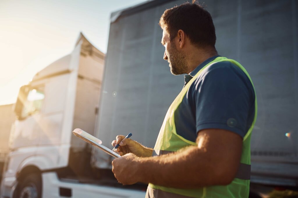 Truck driver or logistics worker inspecting a commercial truck with a clipboard, documenting details at a transportation or accident scene.