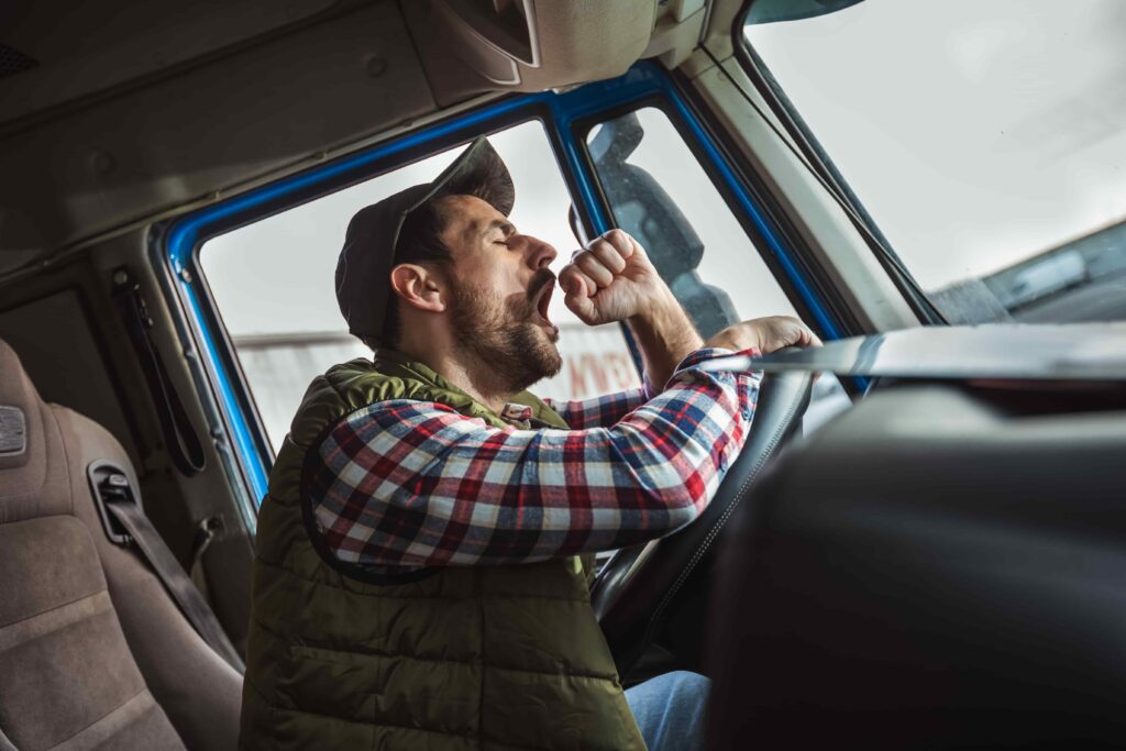 Tired truck driver yawning behind the wheel, highlighting driver fatigue and the dangers of drowsy driving.