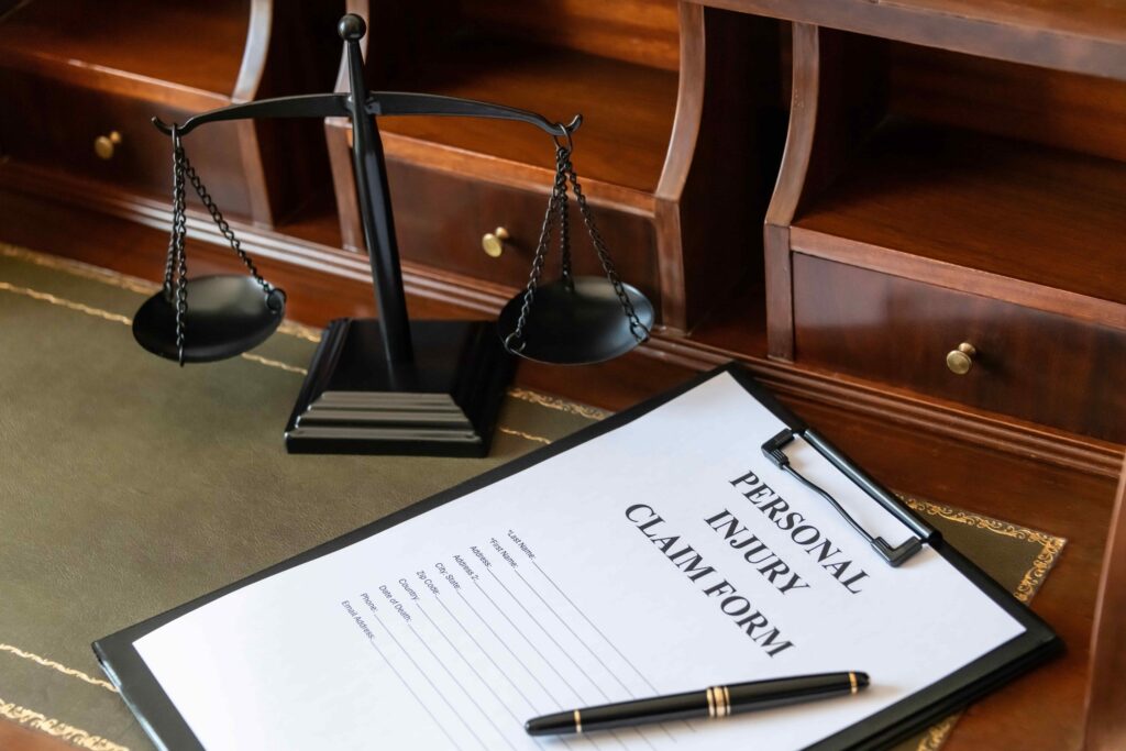Personal injury claim form on a law office desk with pen and scales of justice, representing legal compensation and accident injury claims.