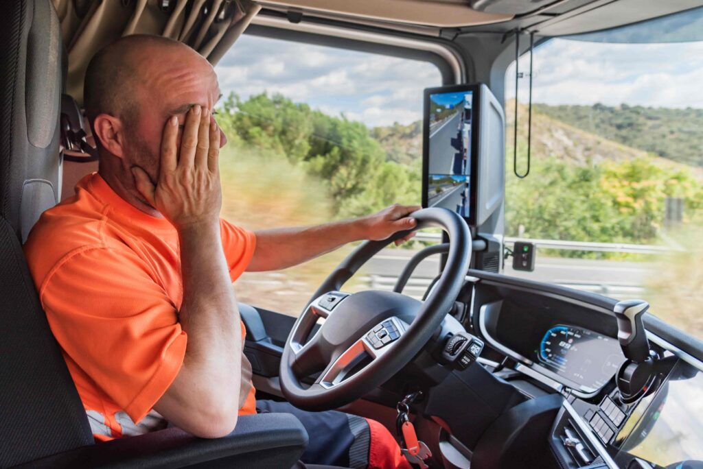 Exhausted truck driver rubbing his face while driving on the highway, illustrating the dangers of driver fatigue in commercial trucking.