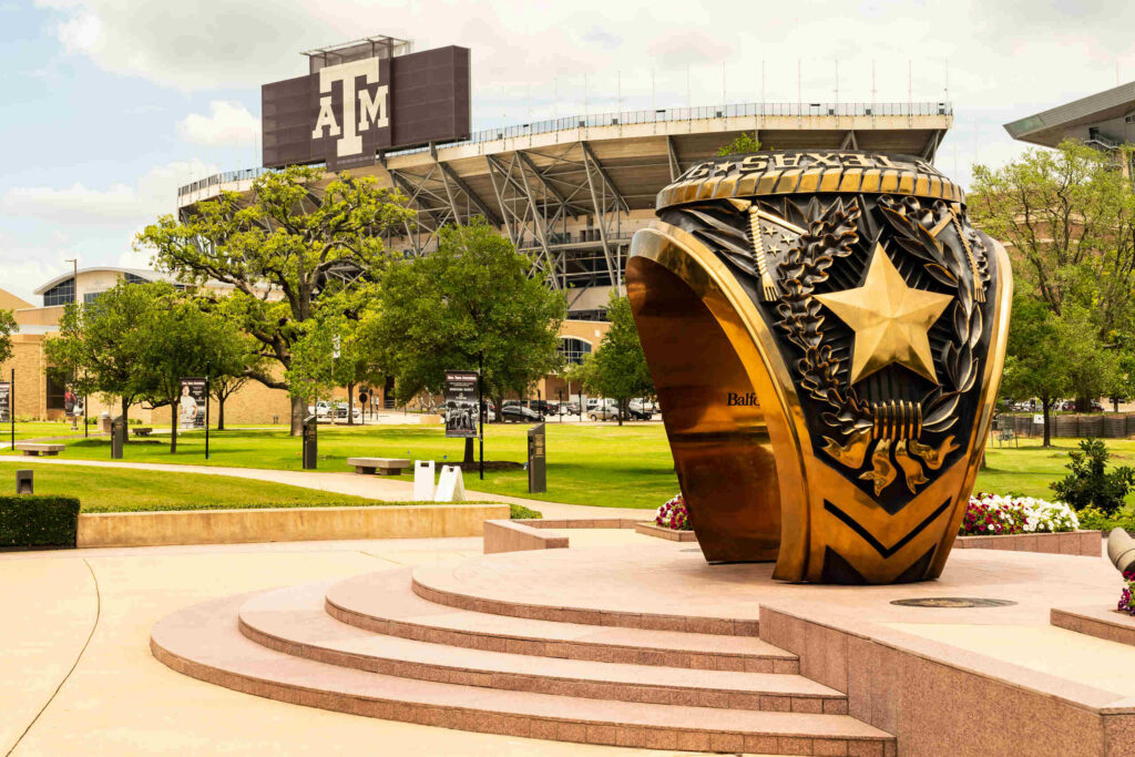 The giant Aggie Ring sculpture near Kyle Field marks the area where a car accident on gameday in College Station might happen.