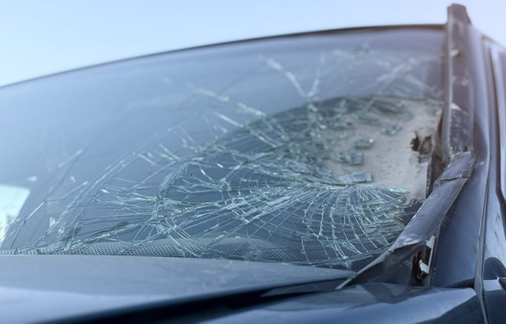 A shattered car windshield after a collision illustrates the severe damage resulting from Texas A&M Student Car Accidents.