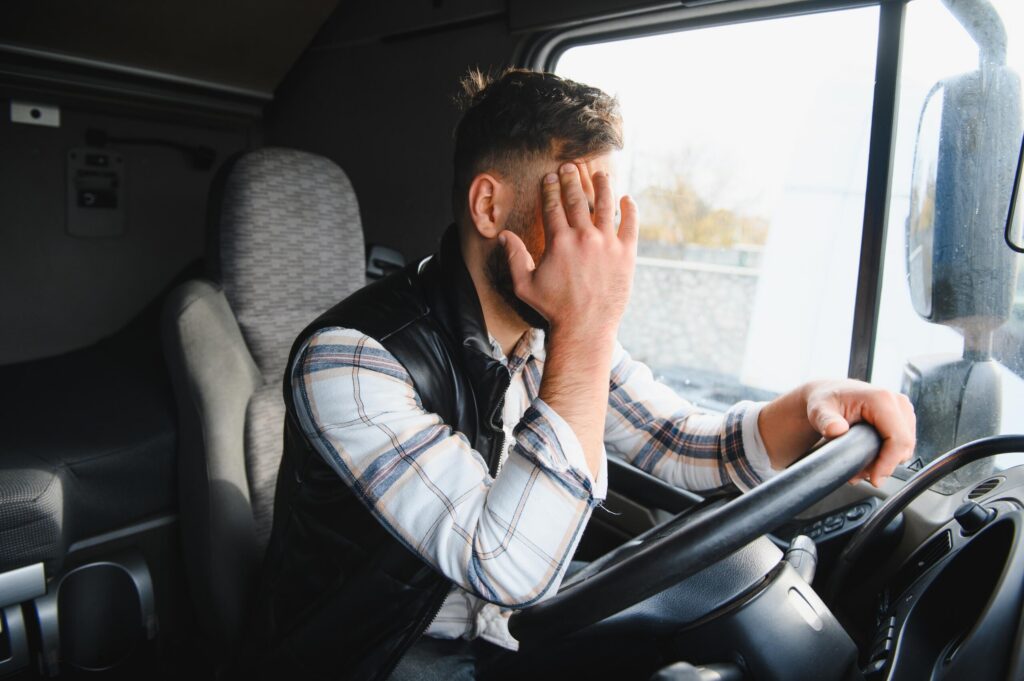 A tired truck driver rubbing his temple in the cab illustrates how hours of service violations cause crashes in Texas.