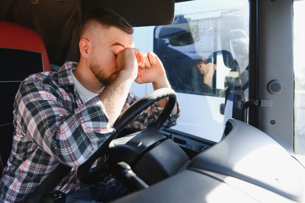 A fatigued truck driver rubbing his eyes while driving highlights how hours of service violations lead to dangerous crashes in Texas.