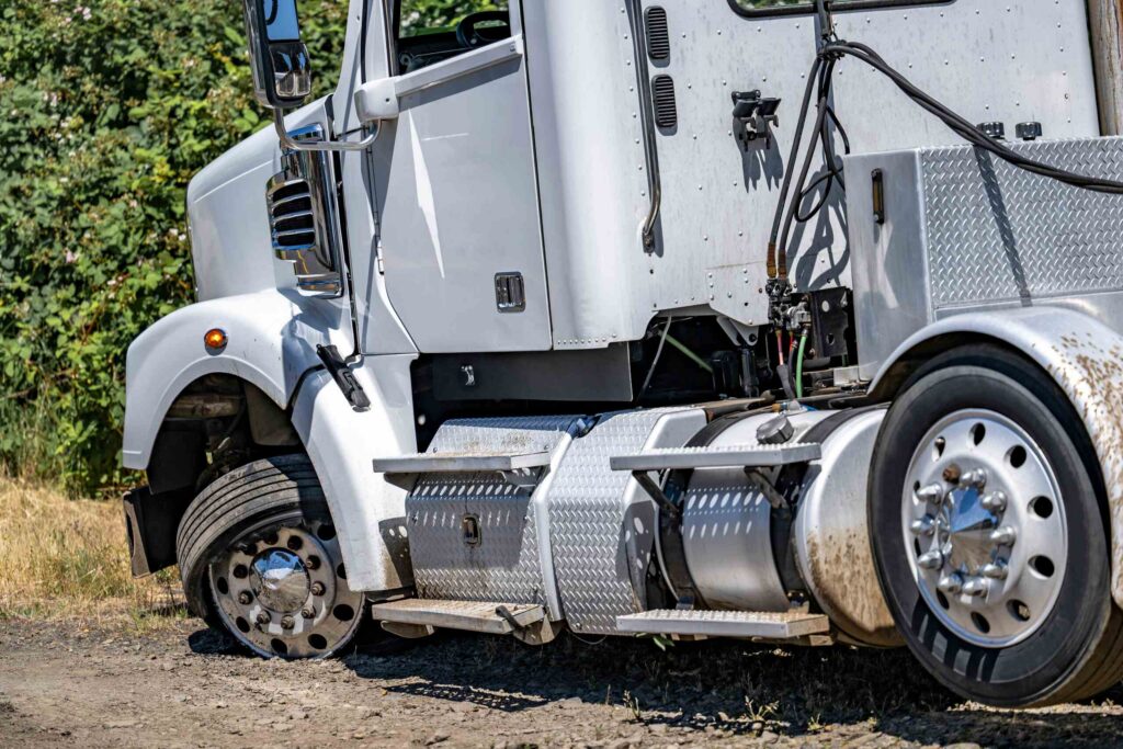 A large commercial semi truck pulled over with a damaged front tire shows critical evidence to gather when considering what to do after a truck accident in College Station.